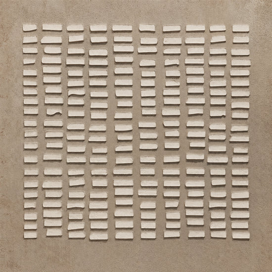 Linen Intervals full artwork. Small raised ivory bars repeat across a warm taupe field, creating an even rhythm of light and shadow.