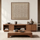 Linen Intervals artwork displayed above a wooden sideboard in a neutral living room.