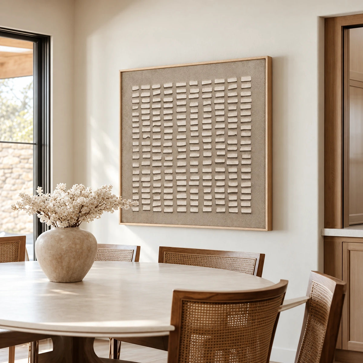 Linen Intervals artwork displayed beside a dining table and wooden chairs.