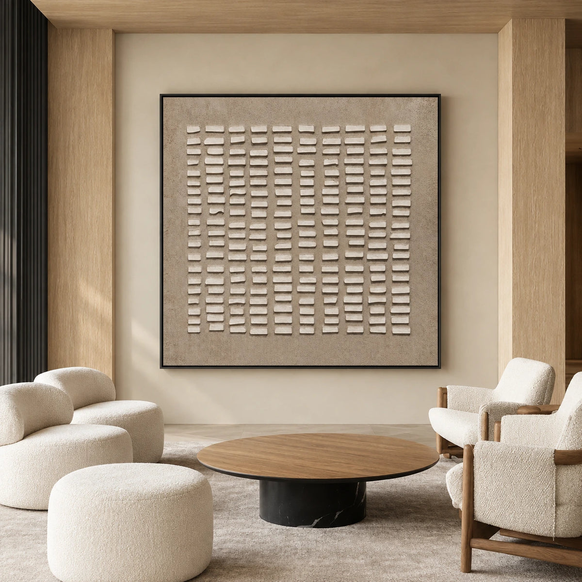 Linen Intervals artwork displayed above rounded lounge seating.