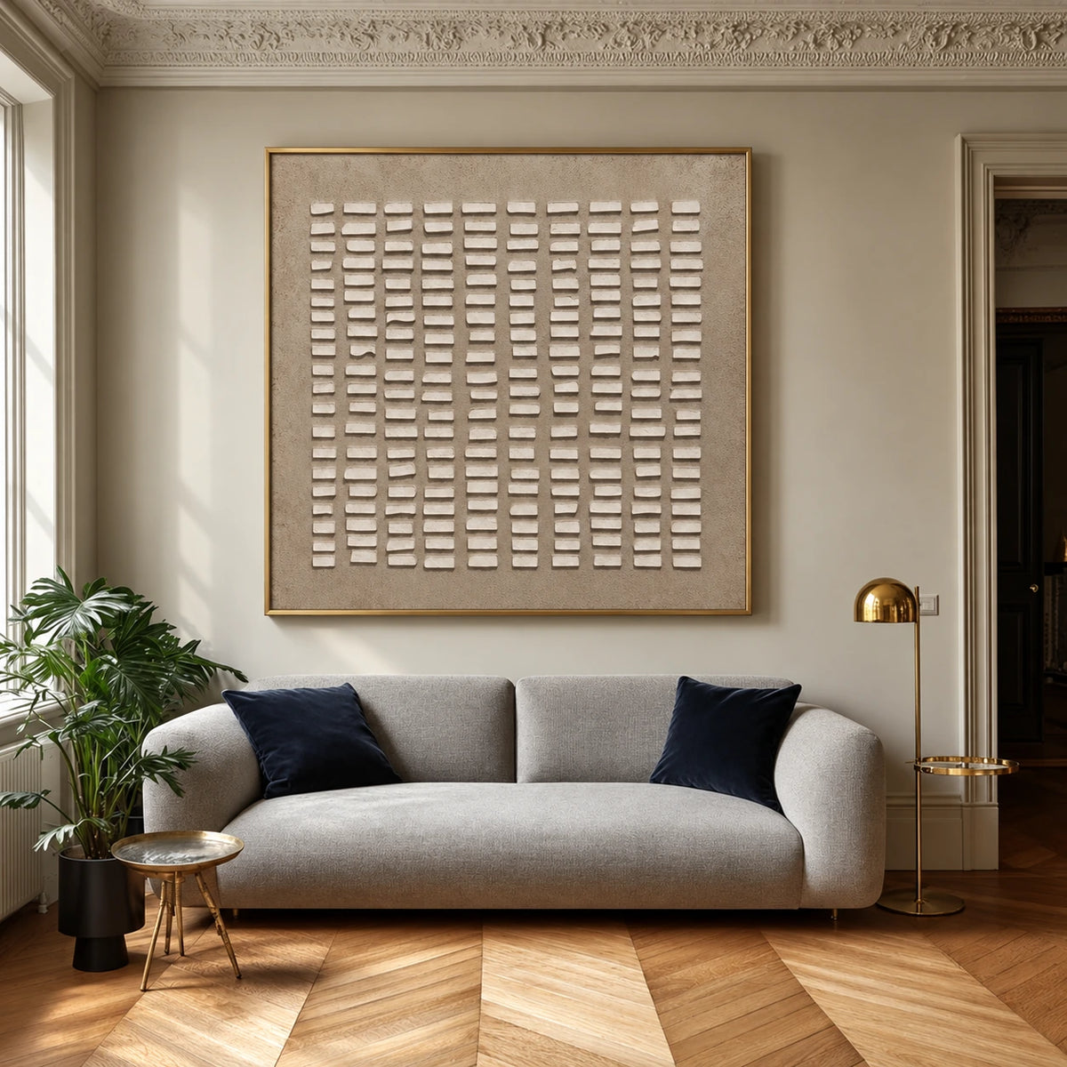 Linen Intervals artwork displayed above a gray sofa on a light wall.