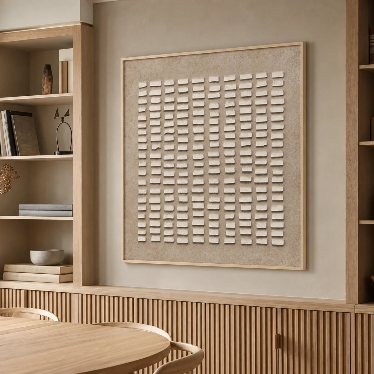 Linen Intervals artwork displayed above a wooden cabinet beside open shelving.