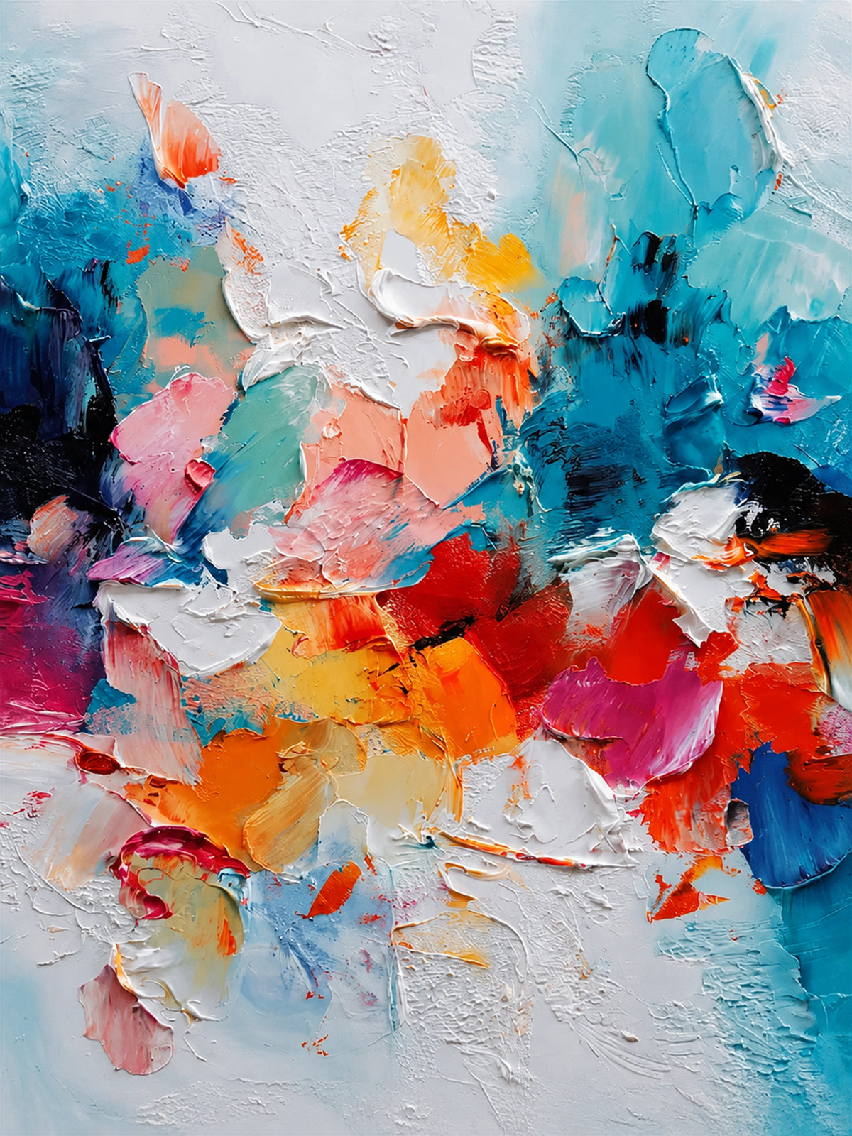 Chromatic Flourish full artwork. Vivid turquoise, coral, pink, and orange sweep through layers of creamy white in an energetic abstract arrangement.
