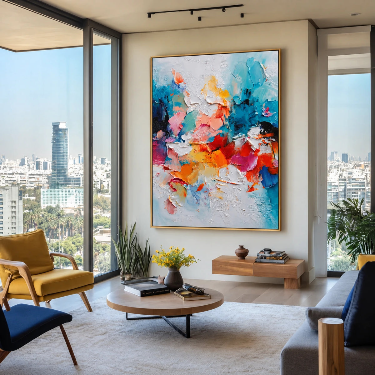 Chromatic Flourish artwork displayed beside city-view windows and a mustard chair.