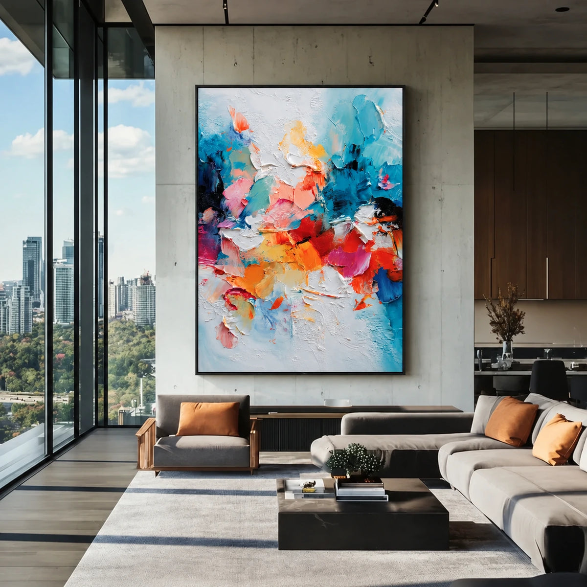 Chromatic Flourish artwork displayed above a sectional in a glass-walled lounge.