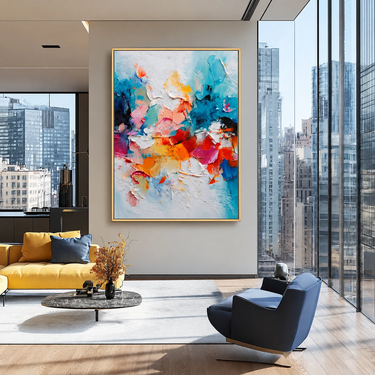 Chromatic Flourish artwork displayed beside a mustard sofa overlooking the city.