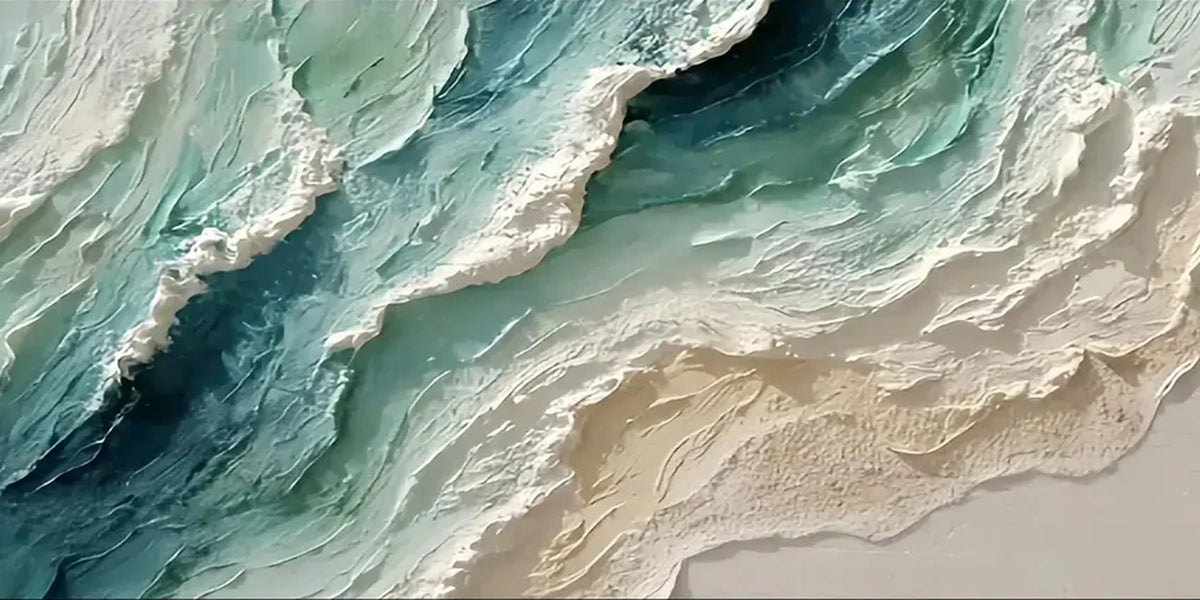 Jade Shoreline full artwork. Bands of deep teal and pale jade meet creamy white ridges like waves unfolding along a sandy shore.