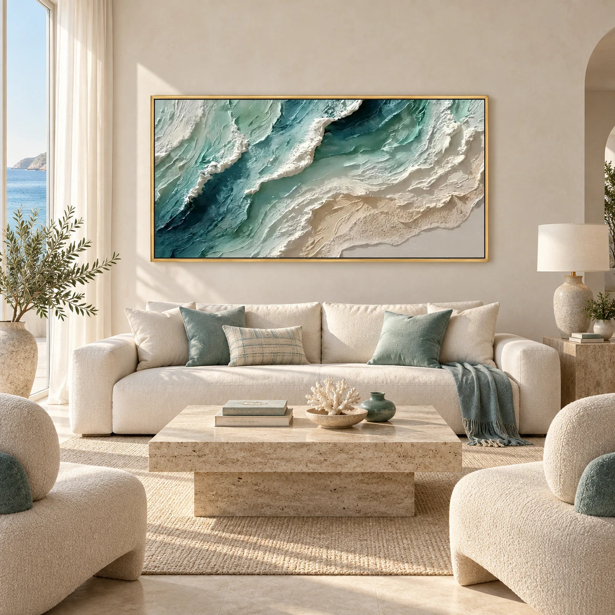 Jade Shoreline artwork displayed above a cream sofa with pale green cushions.
