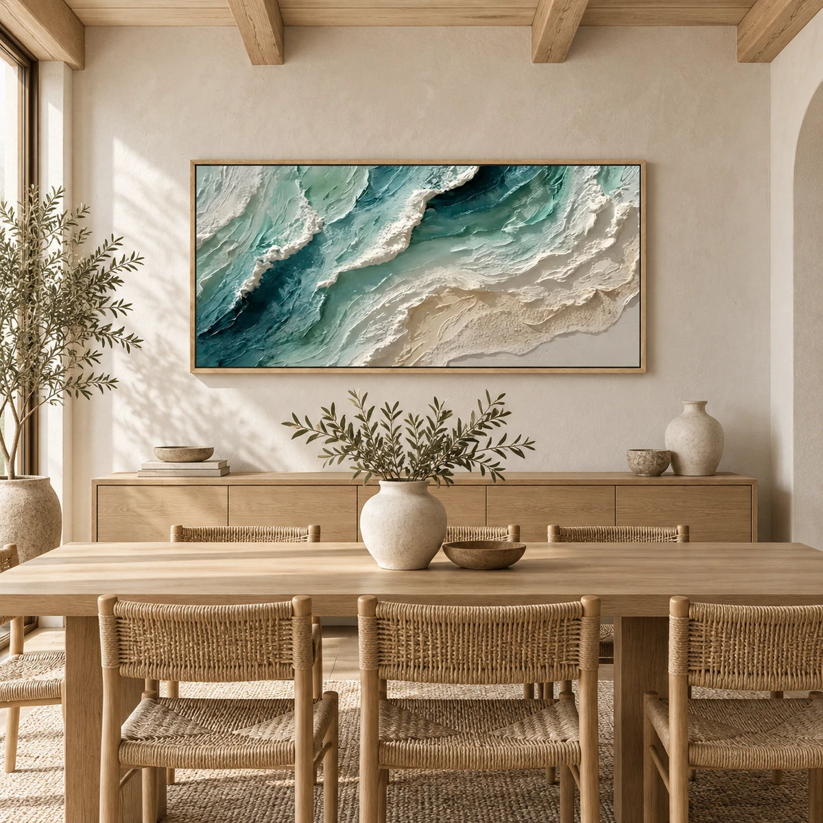 Jade Shoreline artwork displayed above a dining table and woven chairs.