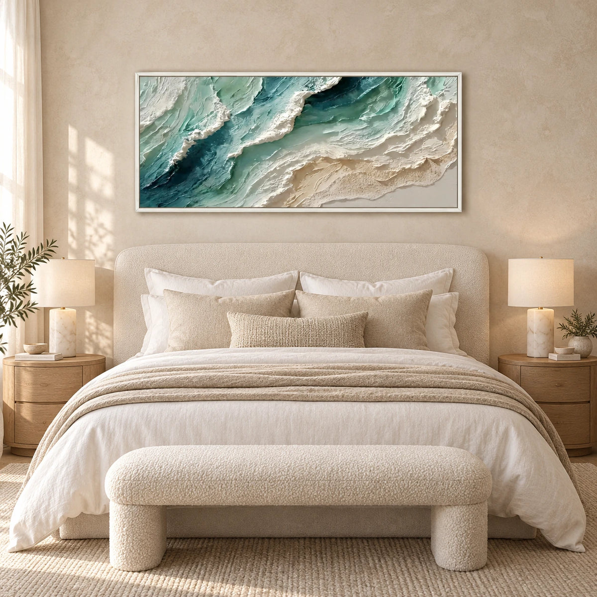 Jade Shoreline artwork displayed above a cream bed.