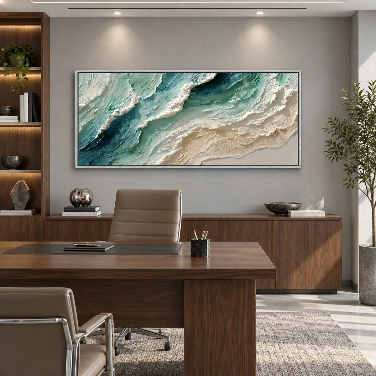 Jade Shoreline artwork displayed above a wooden desk in a study.