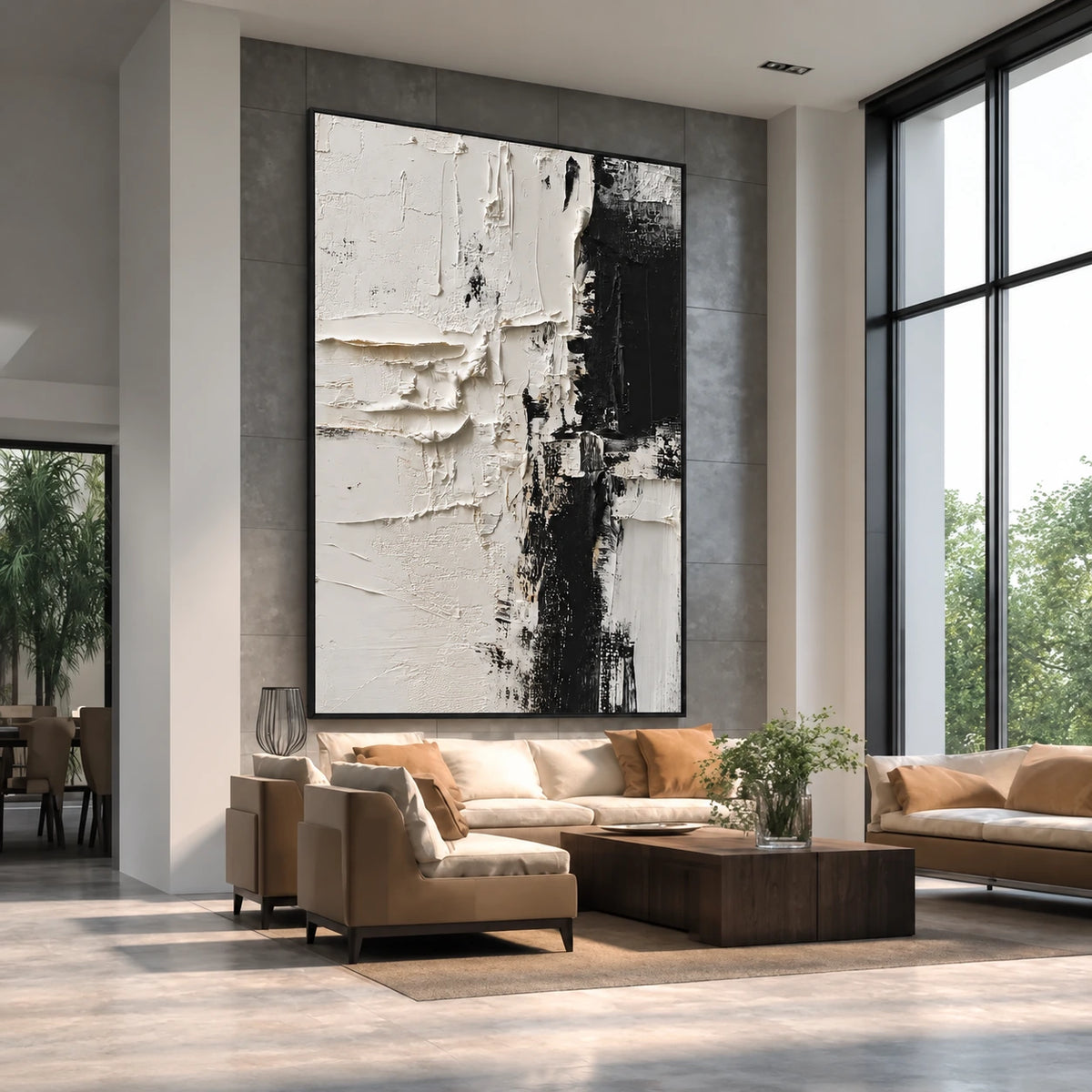 Ivory Divide artwork displayed above cream seating in a double-height lounge.