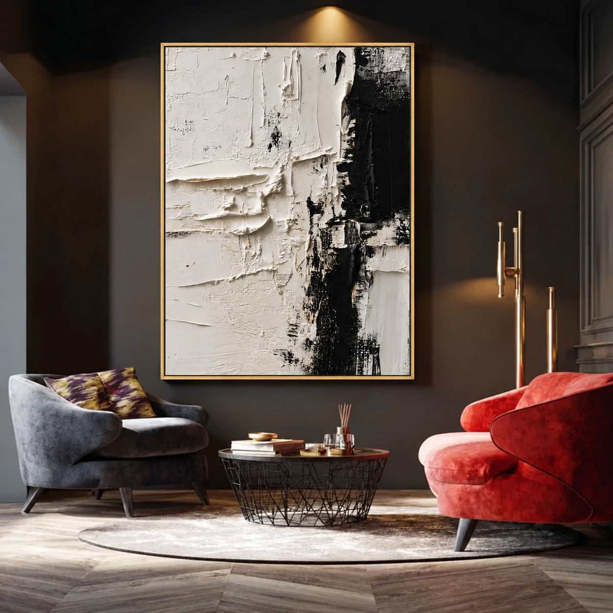 Ivory Divide artwork displayed above curved seating against a dark wall.