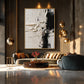 Ivory Divide artwork displayed above a sofa beneath sculptural pendant lights.