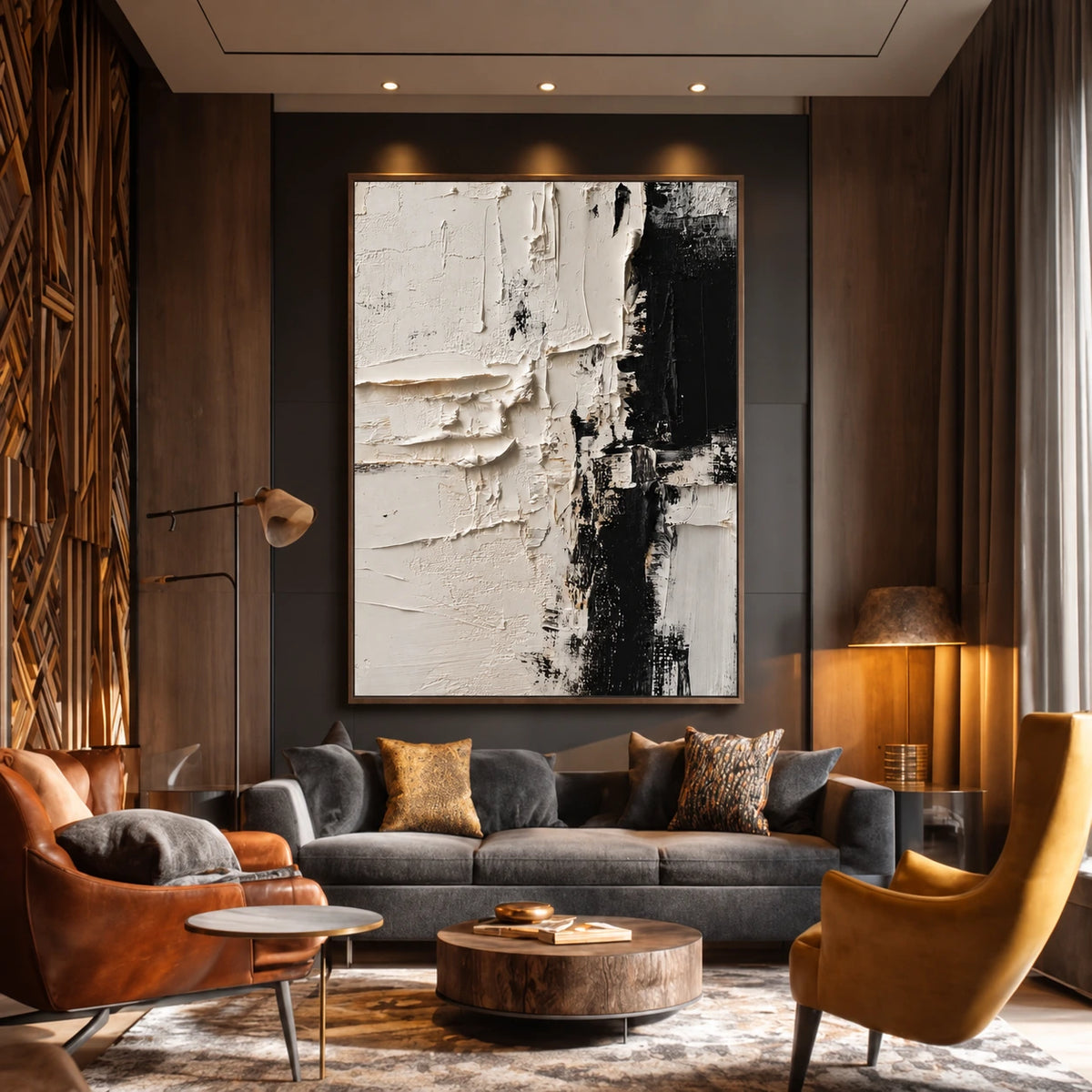 Ivory Divide artwork displayed above a sofa in a warm wood-paneled lounge.