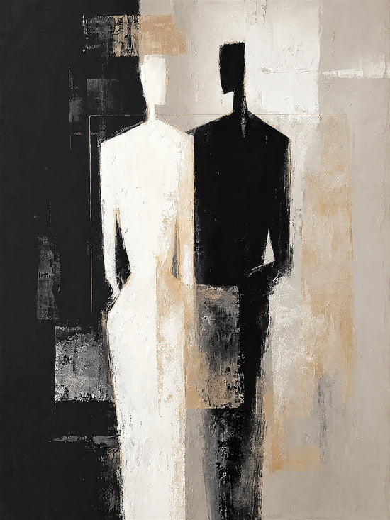 Divided Silhouette full artwork. An elongated figure stands between contrasting fields of ivory and black, its angular silhouette shifting between light and shadow.