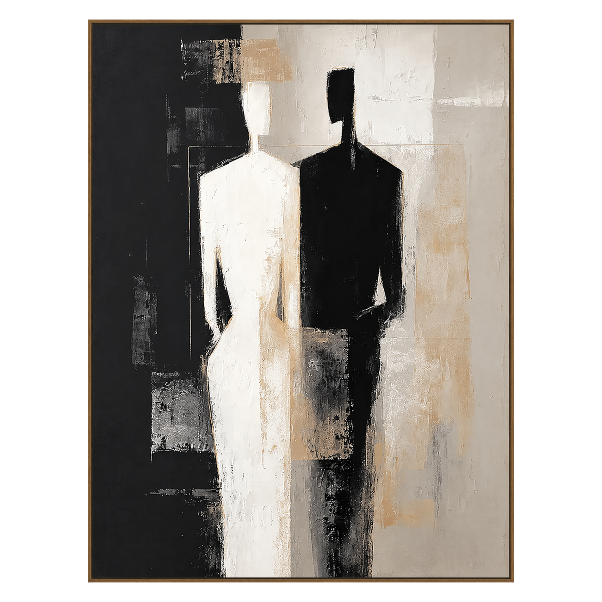 Divided Silhouette artwork in a natural wood frame on a transparent background.