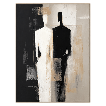 Divided Silhouette artwork in a natural wood frame on a transparent background.