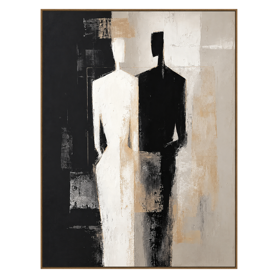 Divided Silhouette artwork in a natural wood frame on a transparent background.