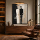 Divided Silhouette artwork displayed above a wooden sideboard beside a leather chair.