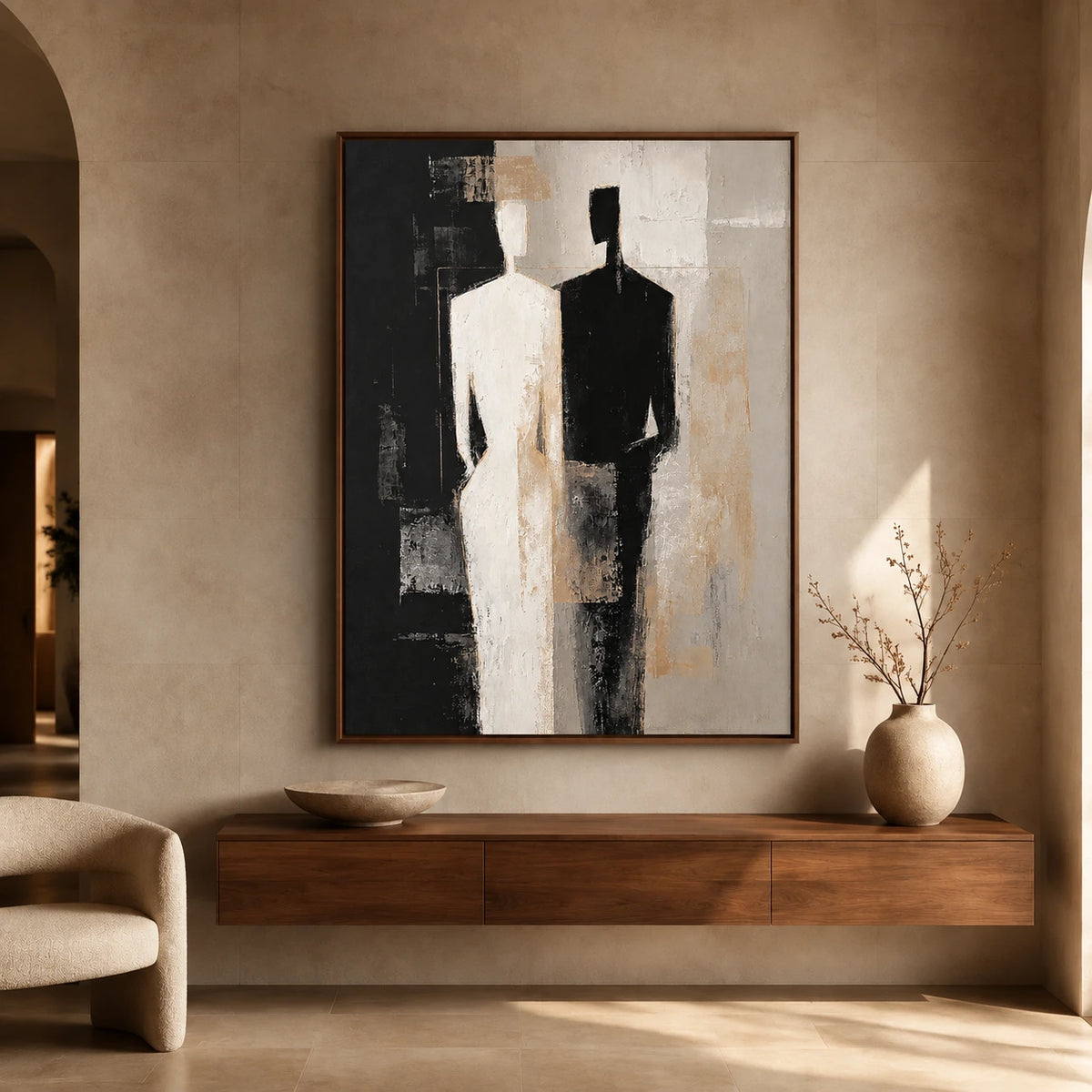 Divided Silhouette artwork displayed above a low wooden console.