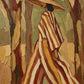 Woodland Stripes full artwork. A broad hat and flowing striped clothing define a solitary figure moving between slender tree trunks.