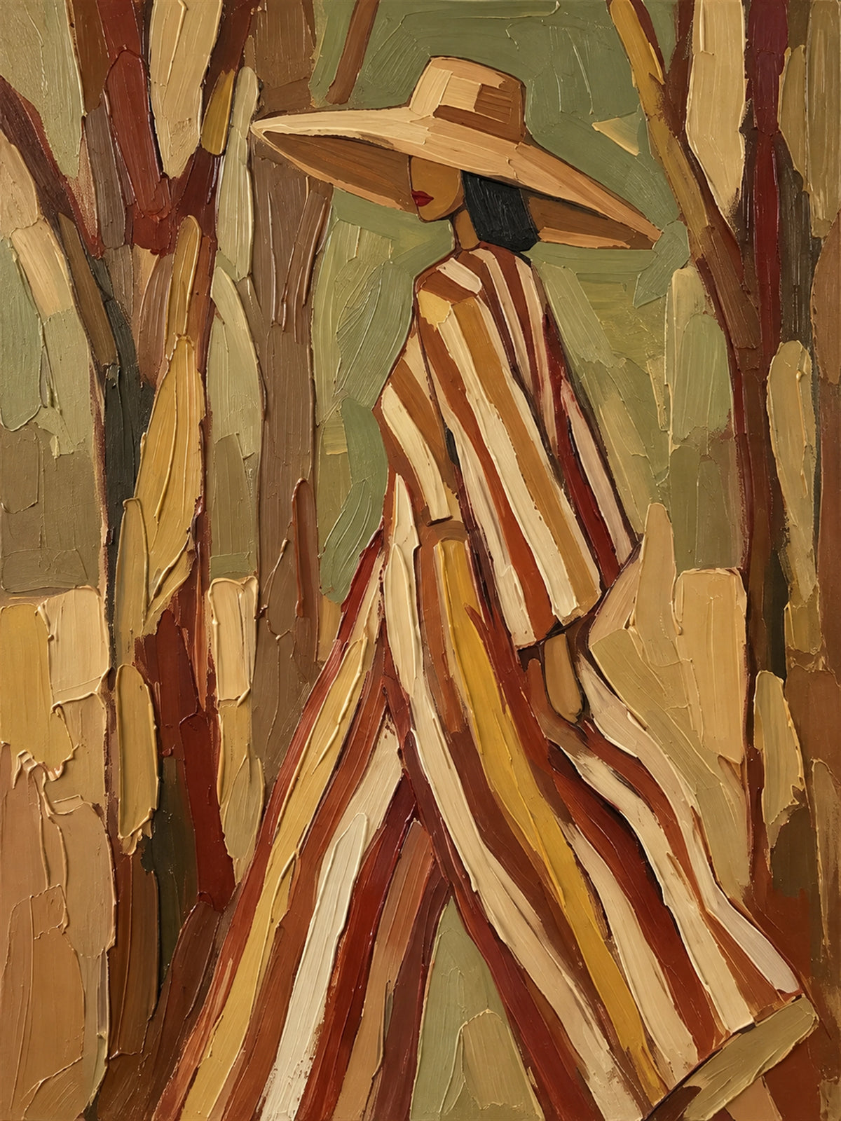 Woodland Stripes full artwork. A broad hat and flowing striped clothing define a solitary figure moving between slender tree trunks.
