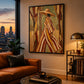 Woodland Stripes artwork displayed beside a leather sofa overlooking the city.