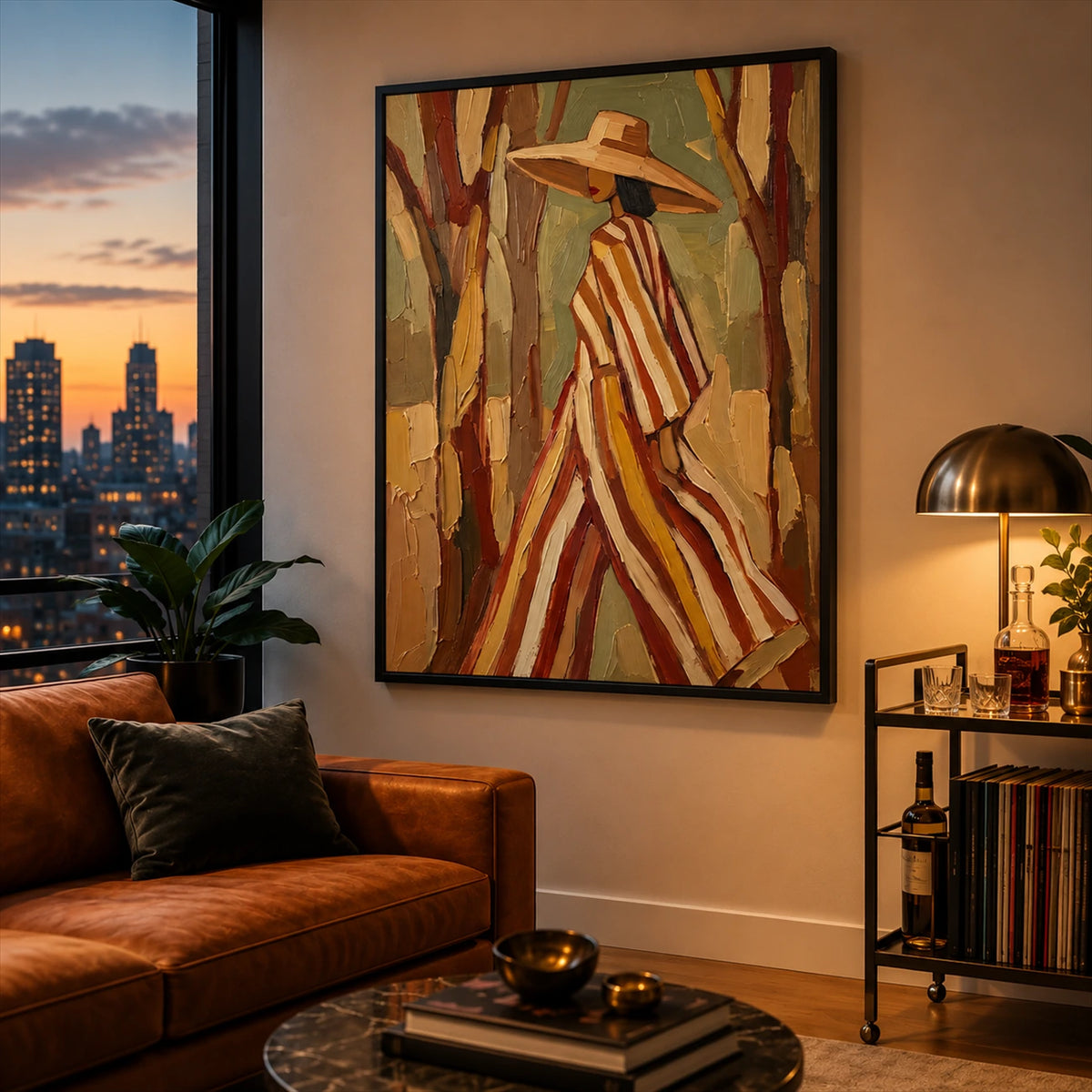 Woodland Stripes artwork displayed beside a leather sofa overlooking the city.