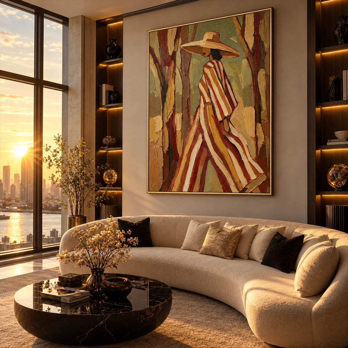 Woodland Stripes artwork displayed above a curved cream sofa at sunset.