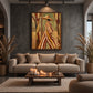 Woodland Stripes artwork displayed above a neutral sofa against a charcoal wall.