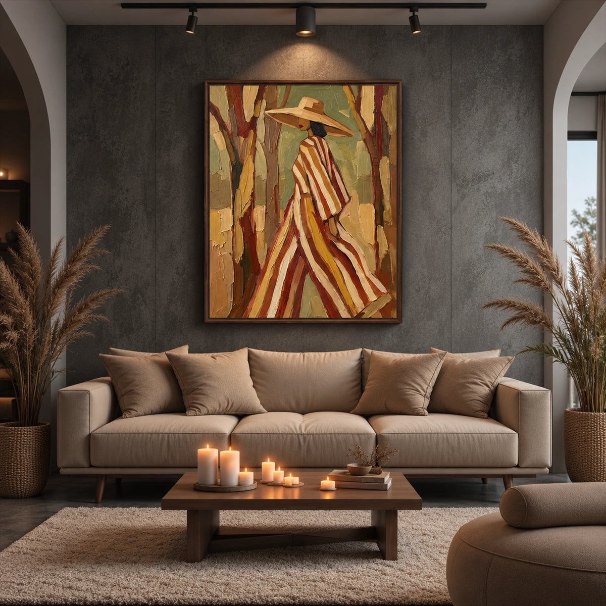 Woodland Stripes artwork displayed above a neutral sofa against a charcoal wall.