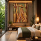 Woodland Stripes artwork displayed above a wooden console beside a bed.