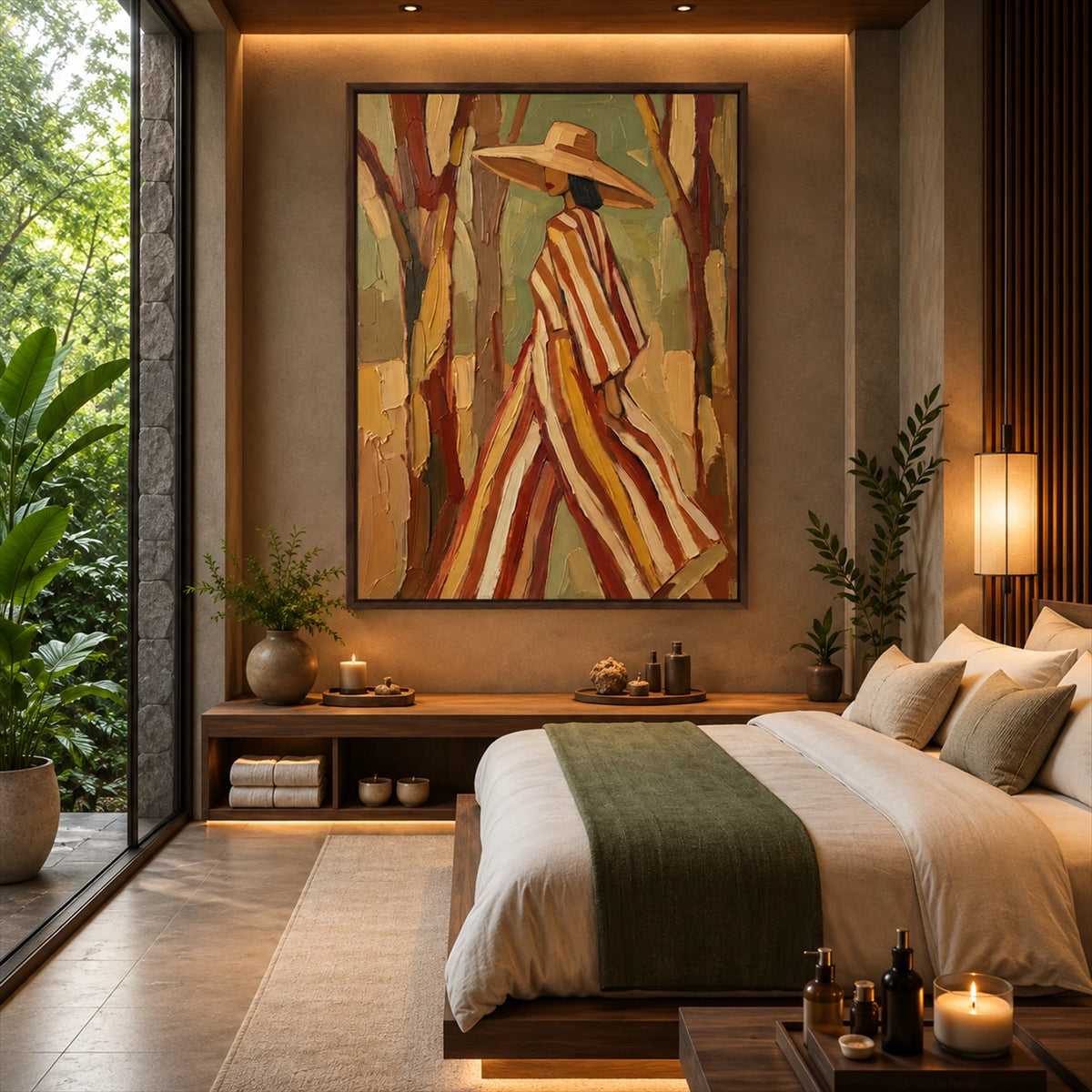 Woodland Stripes artwork displayed above a wooden console beside a bed.