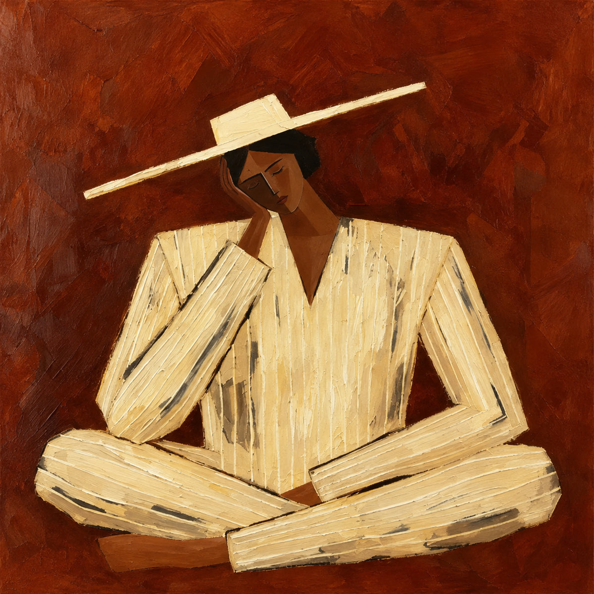Terracotta Reverie full artwork. A seated figure in pale clothing rests against a deep terracotta background, framed by the long line of a wide brim.