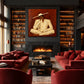 Terracotta Reverie artwork displayed above a fireplace between bookshelves.