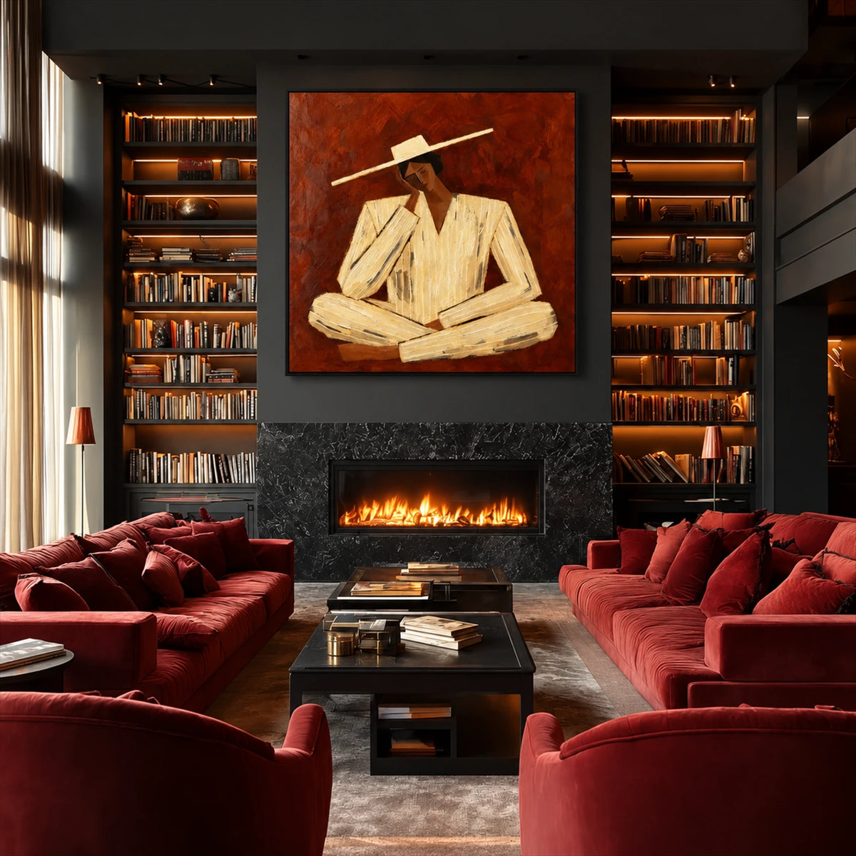 Terracotta Reverie artwork displayed above a fireplace between bookshelves.
