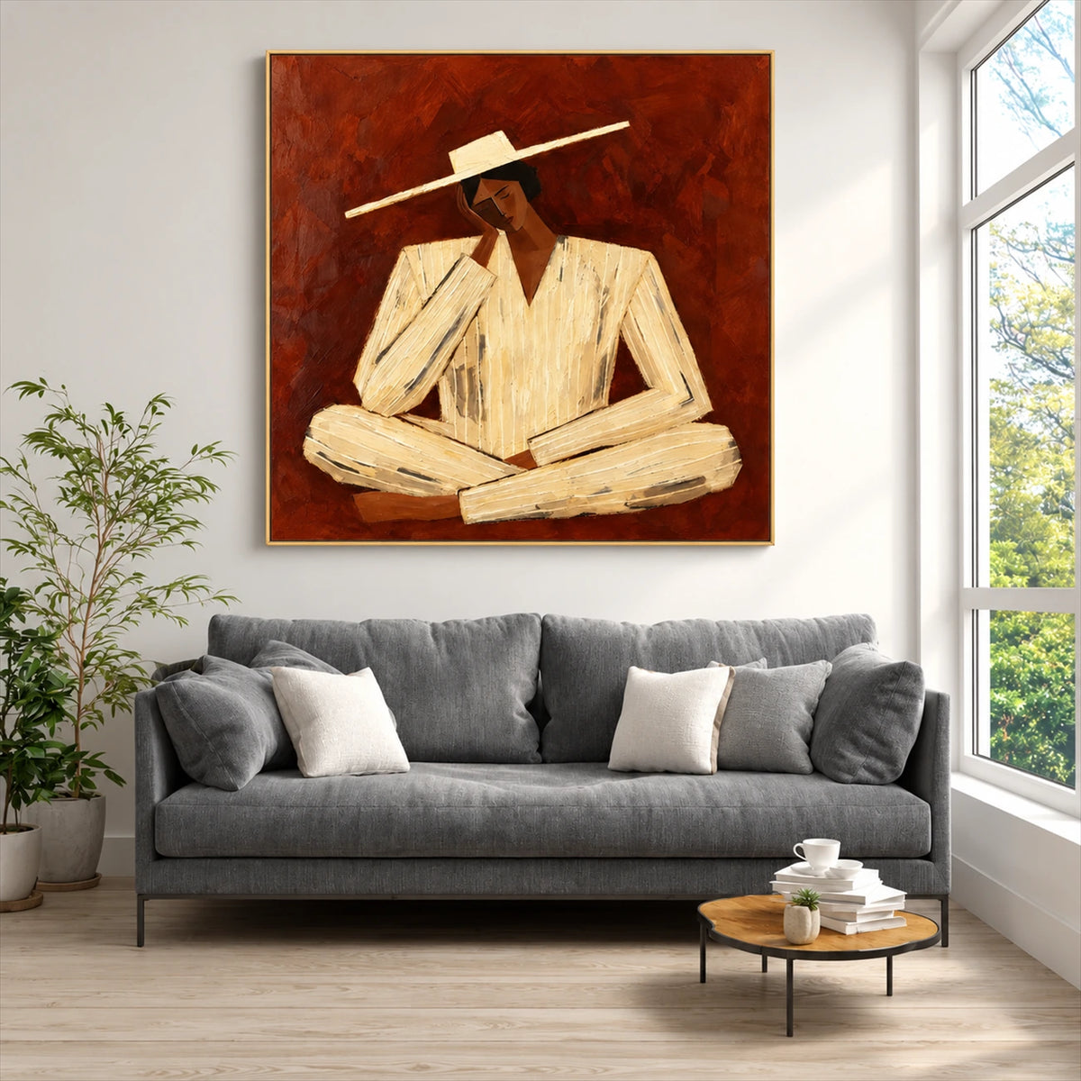 Terracotta Reverie artwork displayed above a gray sofa beside a bright window.