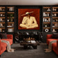 Terracotta Reverie artwork displayed above a fireplace with red lounge seating.