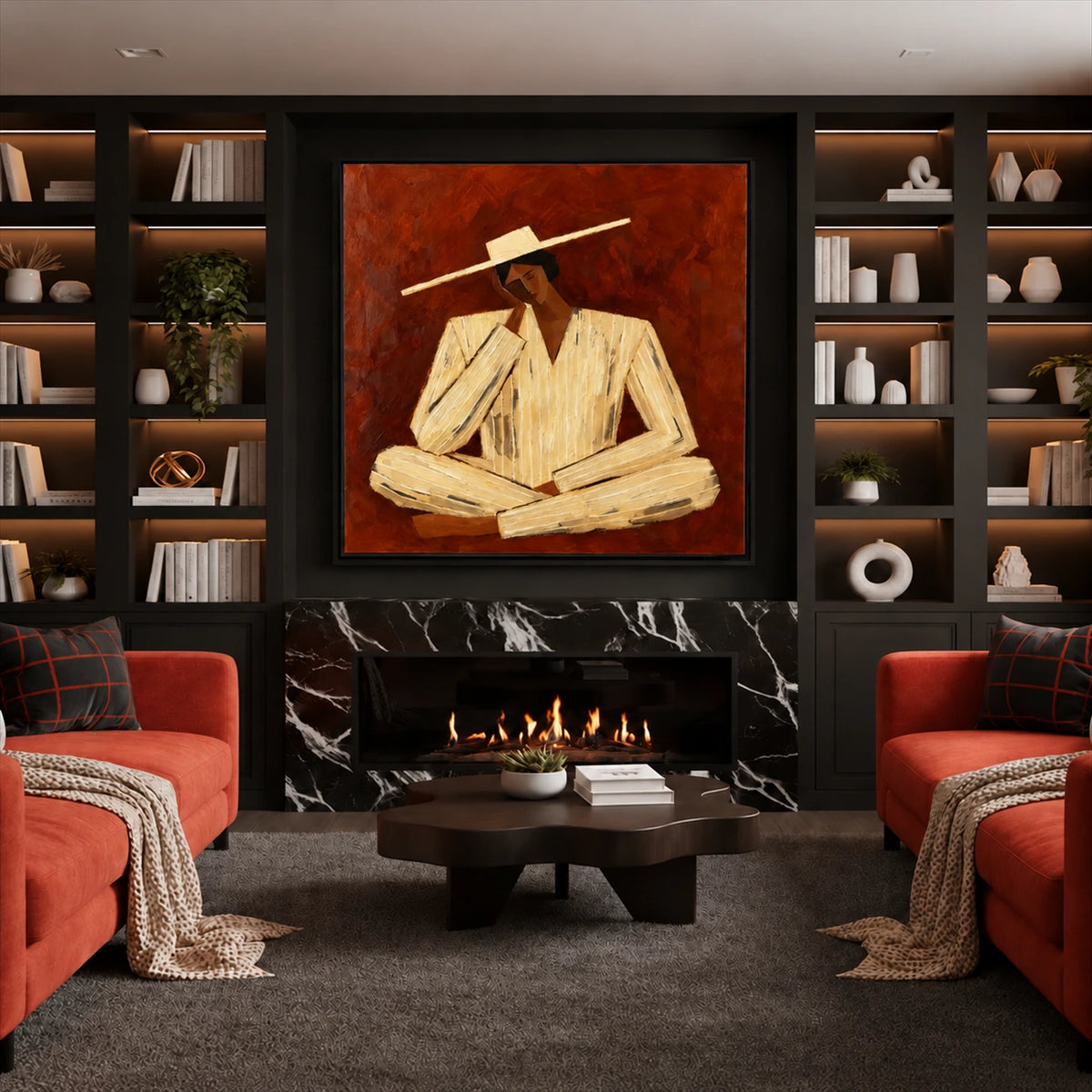 Terracotta Reverie artwork displayed above a fireplace with red lounge seating.