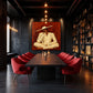 Terracotta Reverie artwork displayed above a long dining table with red chairs.