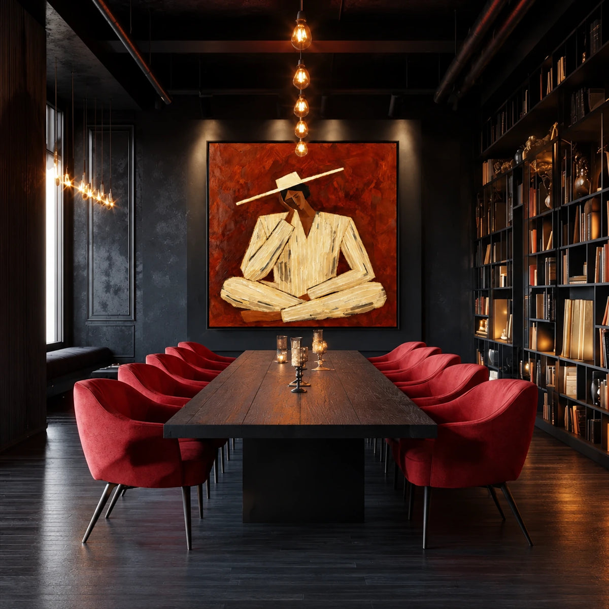 Terracotta Reverie artwork displayed above a long dining table with red chairs.
