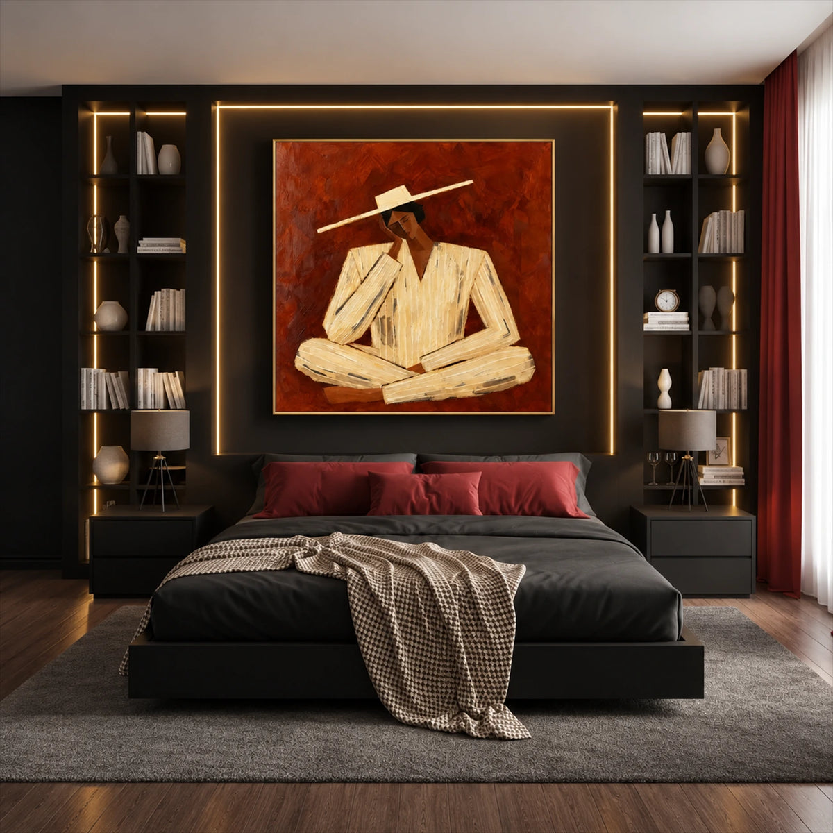 Terracotta Reverie artwork displayed above a bed between illuminated bookshelves.