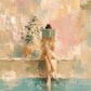 Poolside Pages full artwork. A quiet reader sits beside turquoise water, partly hidden behind a green book and surrounded by soft peach and cream tones.