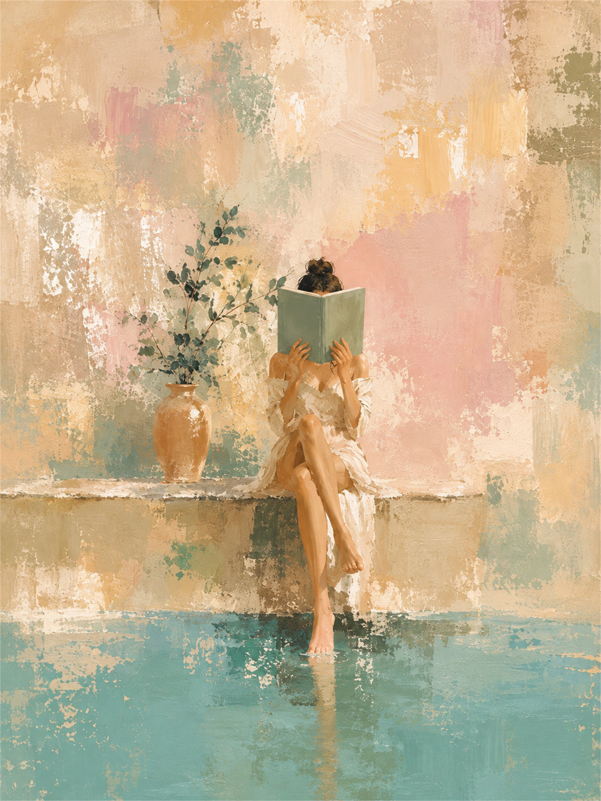 Poolside Pages full artwork. A quiet reader sits beside turquoise water, partly hidden behind a green book and surrounded by soft peach and cream tones.