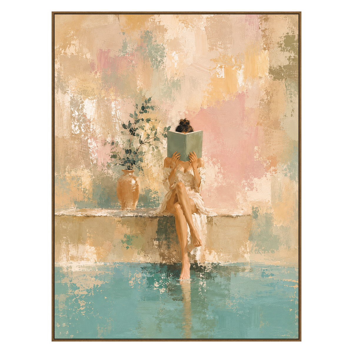Poolside Pages artwork in a natural wood frame on a transparent background.