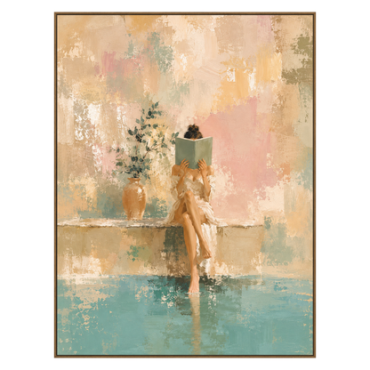 Poolside Pages artwork in a natural wood frame on a transparent background.