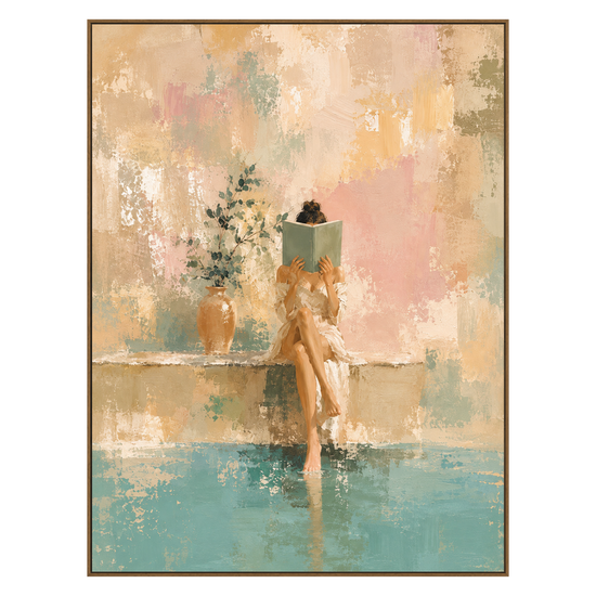 Poolside Pages artwork in a natural wood frame on a transparent background.