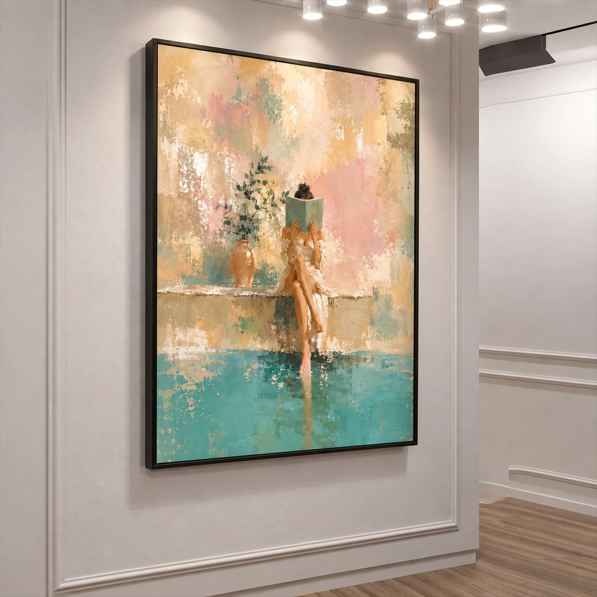 Poolside Pages artwork displayed on a paneled hallway wall.