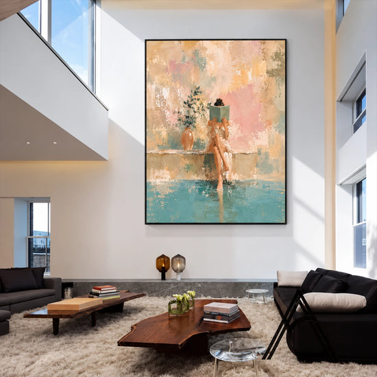 Poolside Pages artwork displayed in a bright double-height living room.